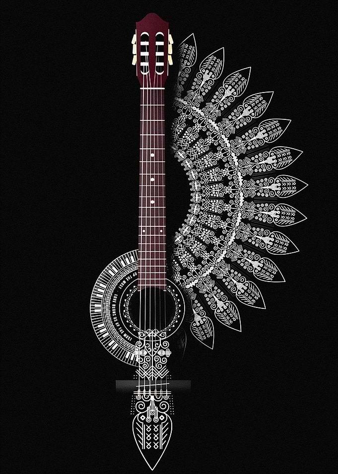 Guitar with Mandala Art on Black