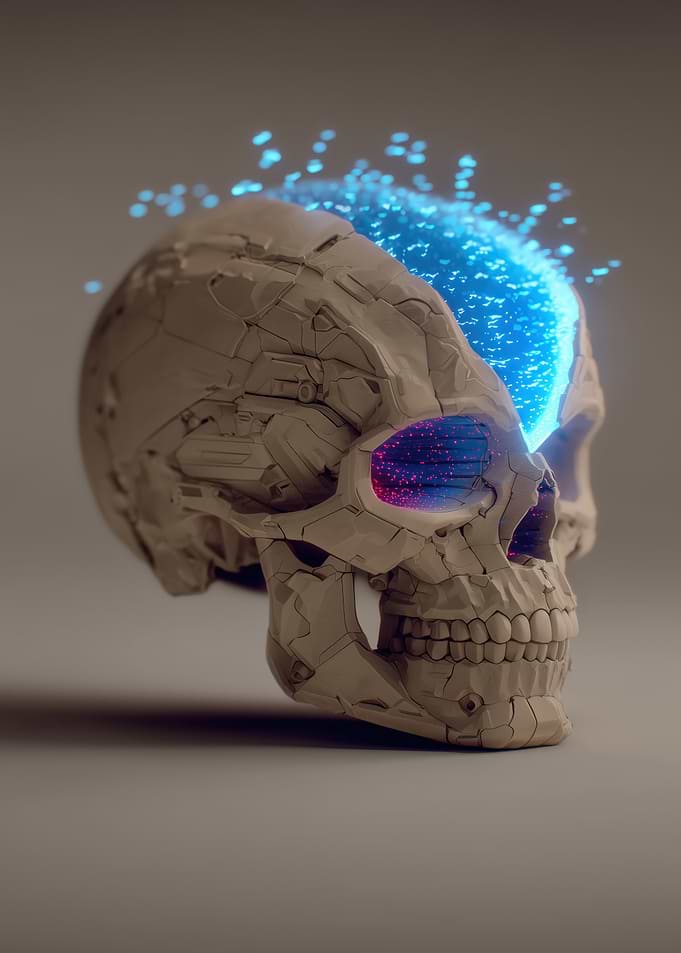 Cyberpunk Mechanical Skull with Glowing Brain
