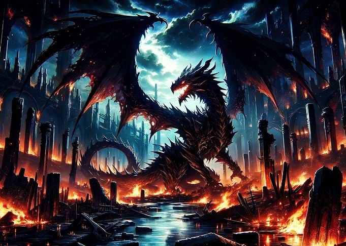 Dragon in a Burning Cityscape