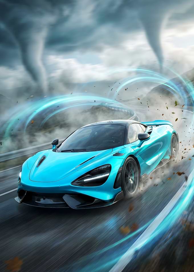 Blue McLaren 720S with Tornado Background