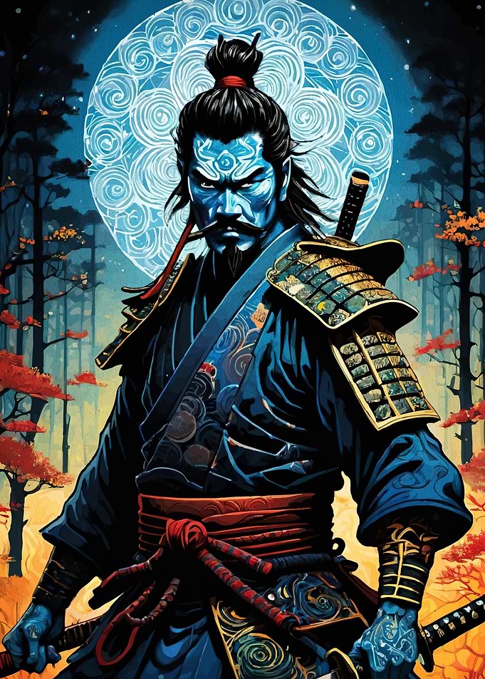Blue Samurai Warrior in Forest