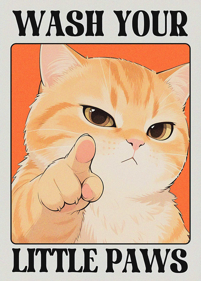 Cat pointing finger with text
