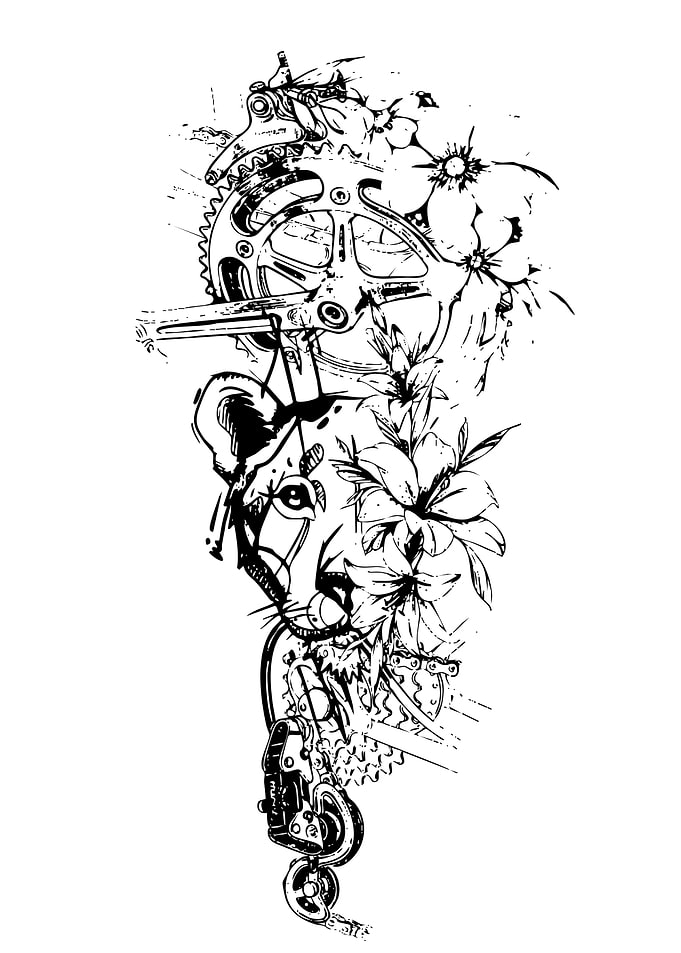 Lion, Bicycle Parts, and Floral Art