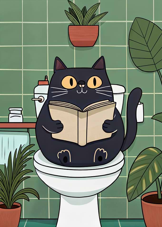 Cat reading a book on a toilet