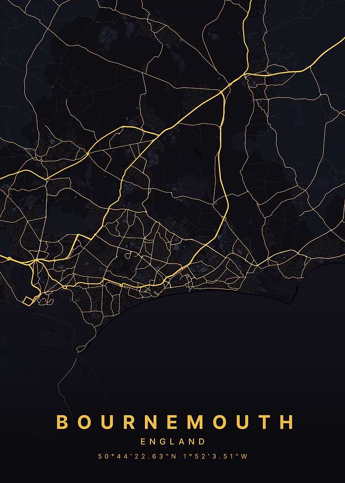 Bournemouth England Black and Gold Map
