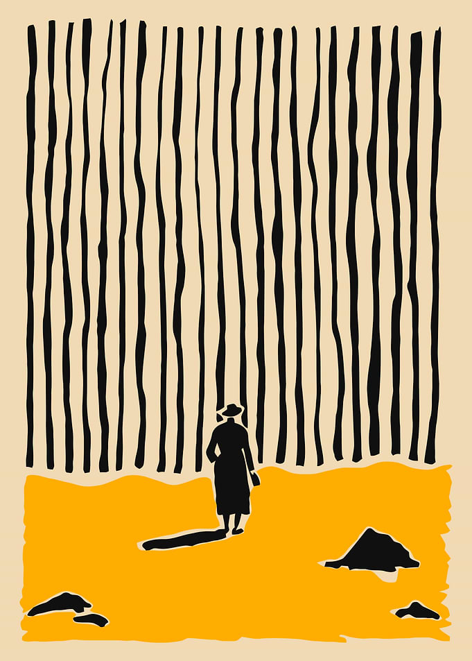 Person in Hat Walking Through Abstract Landscape