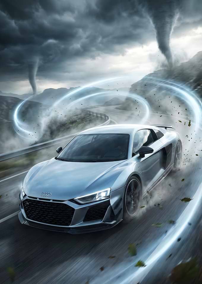 Audi R8 V10 Performance driving through a storm