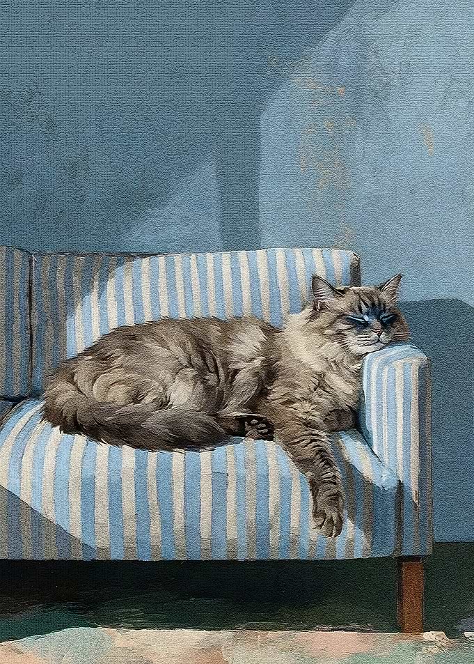 Cat Nap on Striped Couch