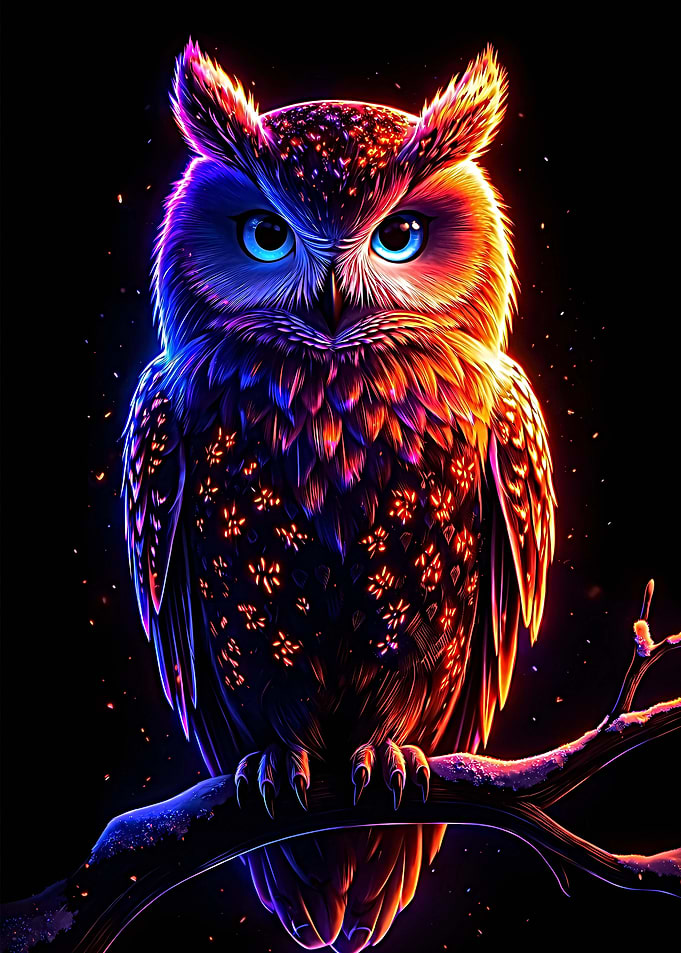 Great Art Neon Owl Perched on Branch