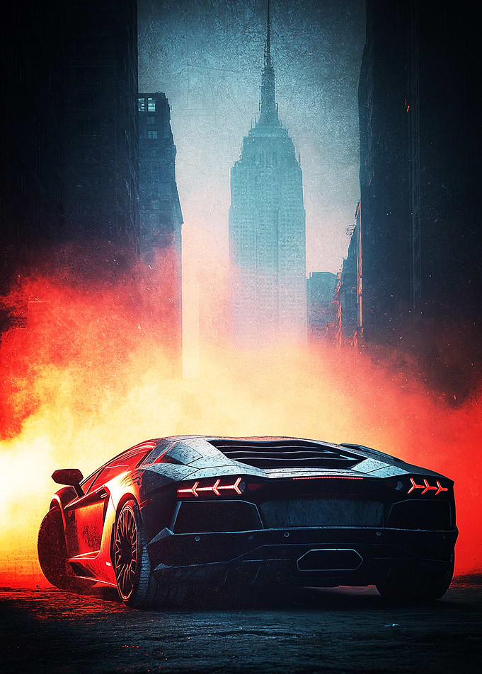 Supercar in Fiery Cityscape Poster