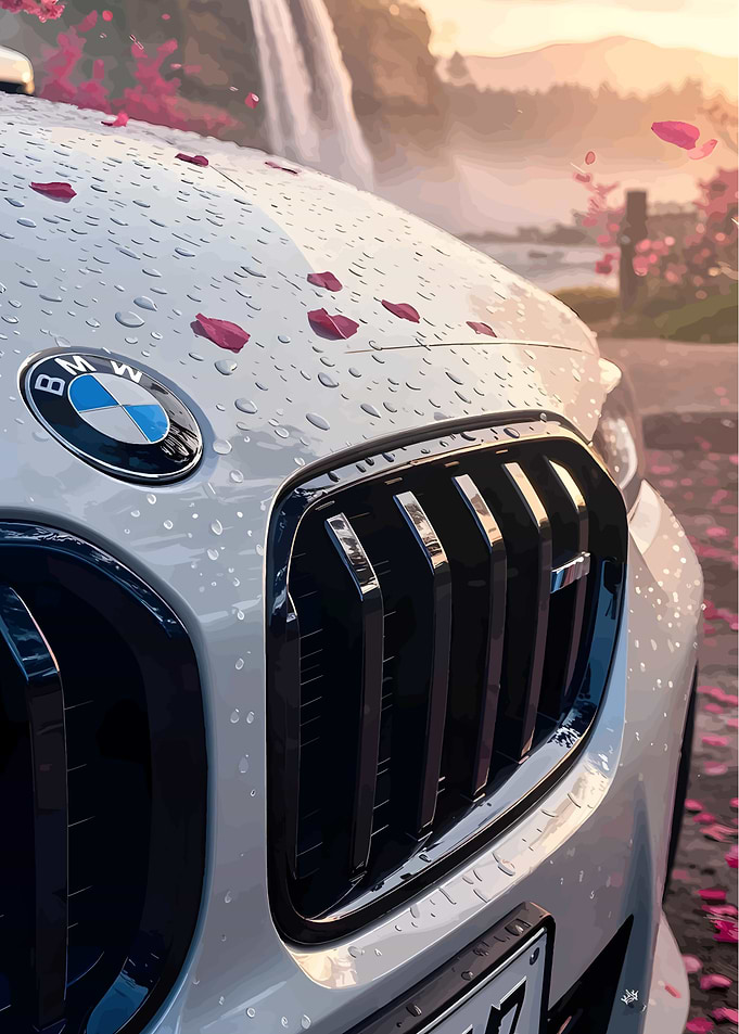 BMW car with water droplets and petals