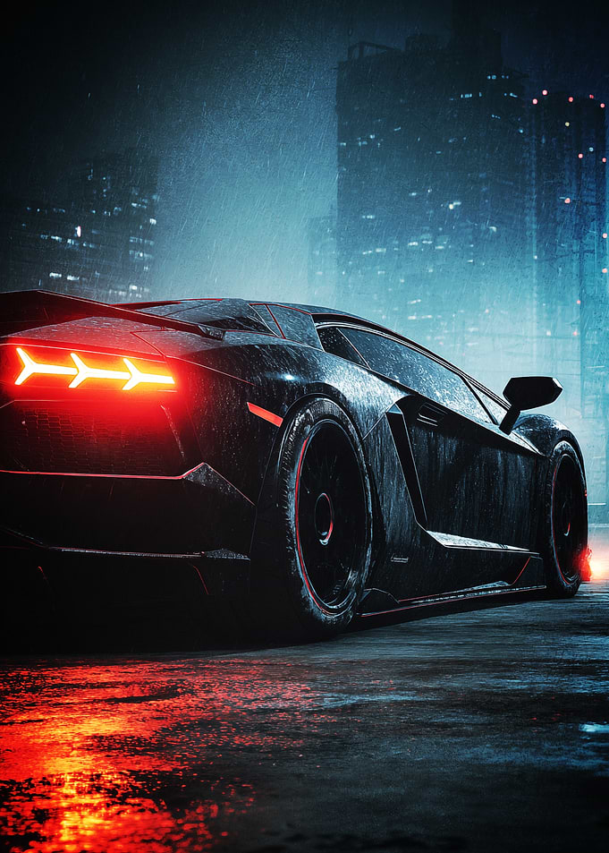 Sleek Black Lamborghiniports in the Rain Poster