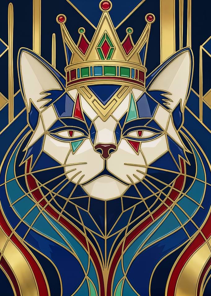 Regal Wolf King Art – Geometric Crowned Wolf Art Deco Fantasy Wall Art