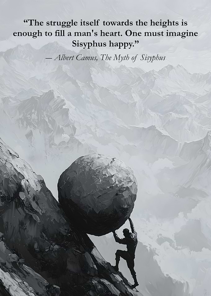 Sisyphus pushing boulder up mountain