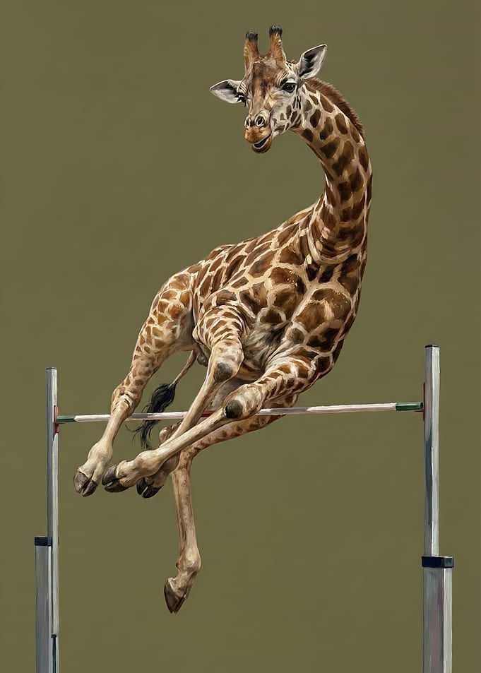 Giraffe jumping over a hurdle