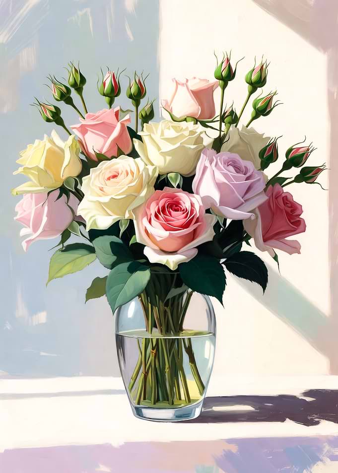Pastel Roses in Glass Vase