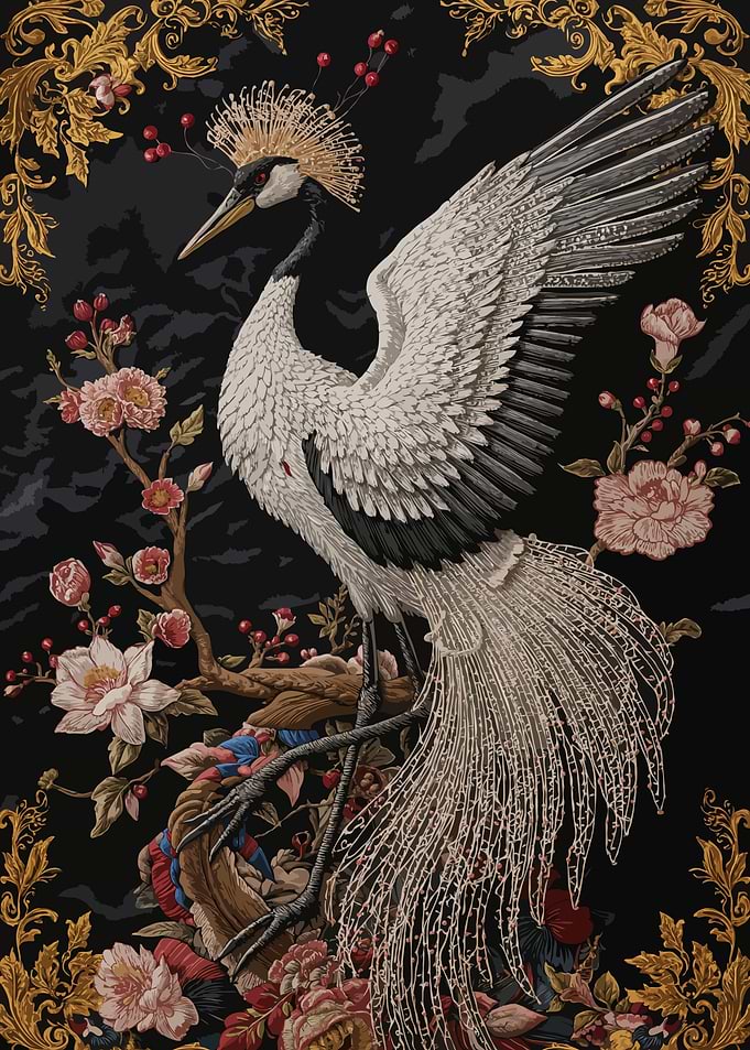 Elegant Crane Amidst Floral Embellishments
