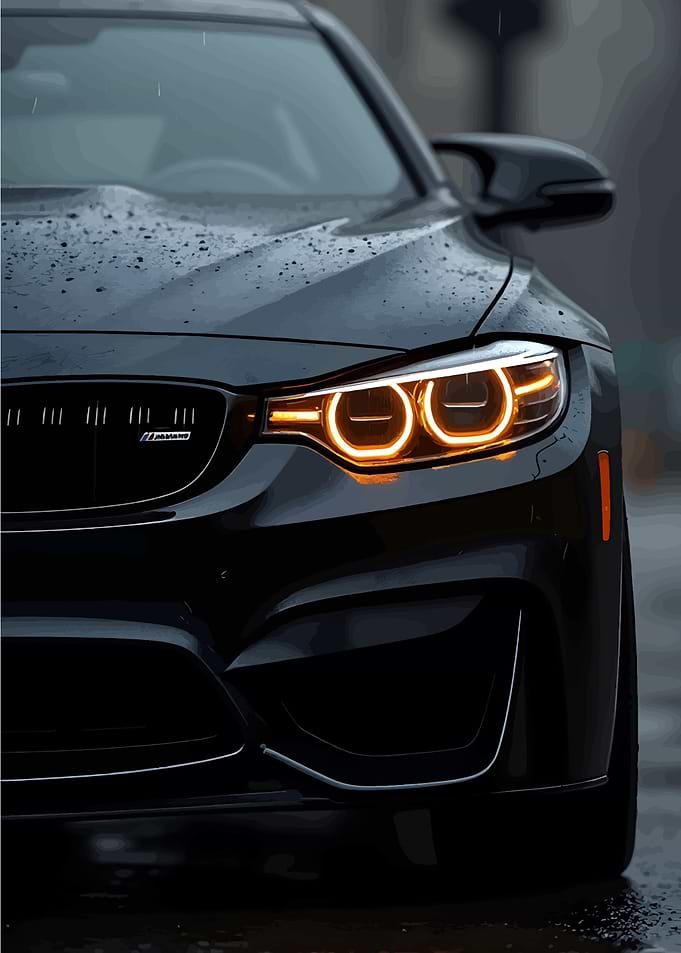 Black BMW M4 Headlights in Rain
