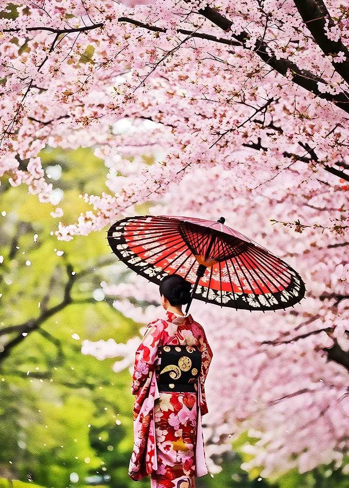 Woman in Kimono under Cherry Blossoms