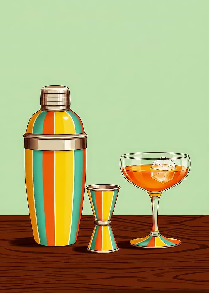 Mid-Century Cocktail Art - Retro 70s Bar Cart Decor - Striped Shaker, Jigger & Coupe in Teal & Orange