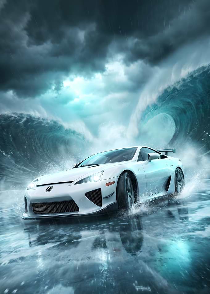 White Lexus LFA driving through waves