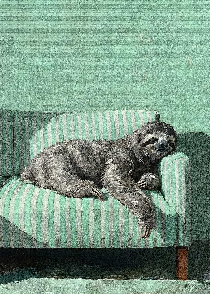 Sloth Resting on Striped Couch