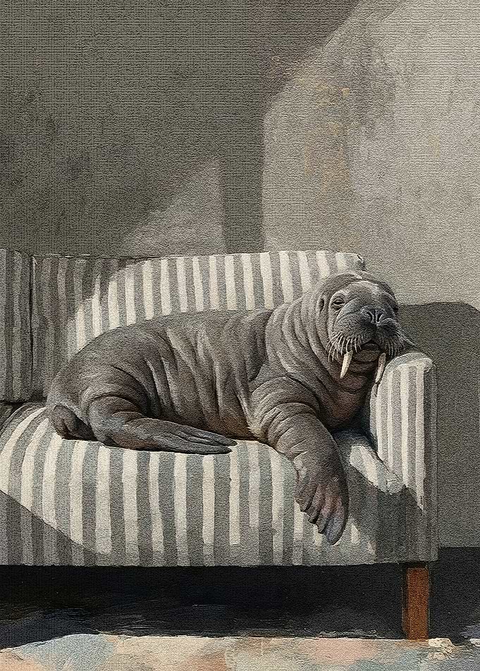 Walrus Resting on Striped Couch