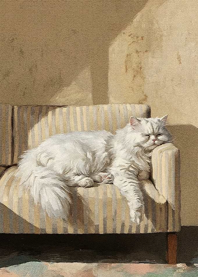 Sleeping White Cat on Striped Couch