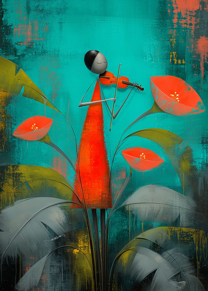 Abstract Violinist in Floral Setting
