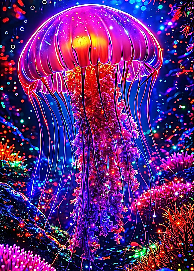 Great Art Bioluminescent Jellyfish Neon in Deep Sea
