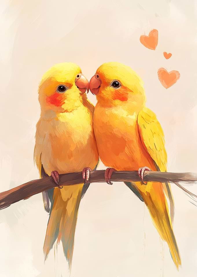 Yellow Budgerigar Love Birds | Cute Valentine Couple Poster