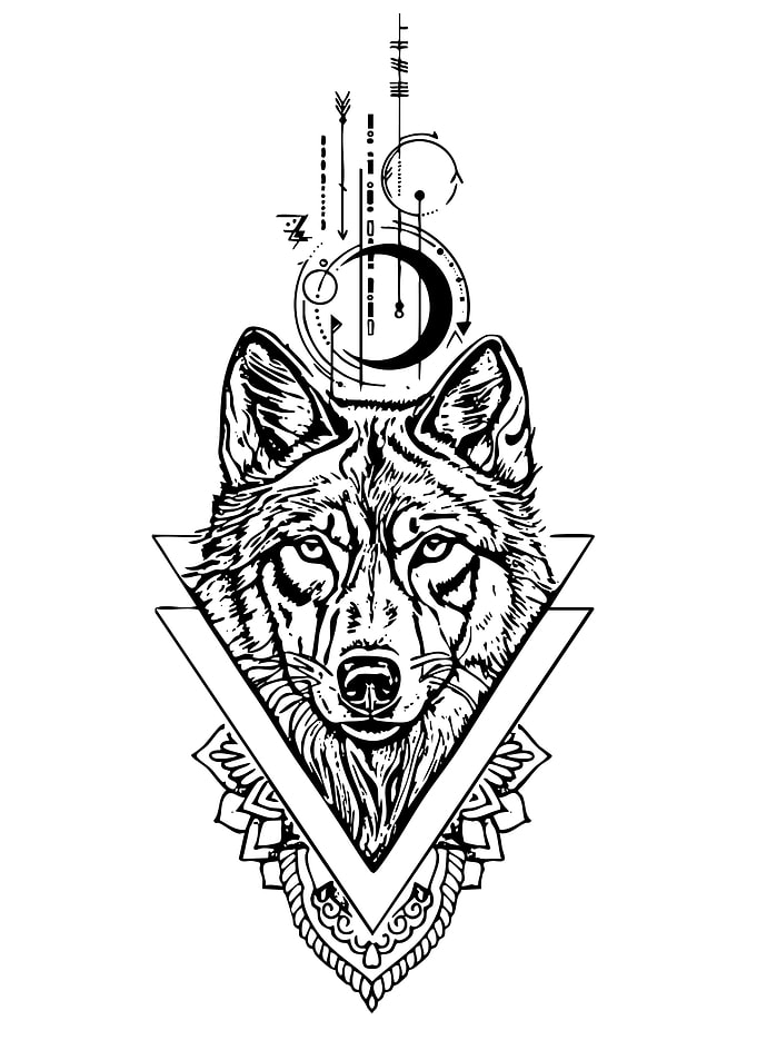 Geometric Wolf and Moon Tattoo Design