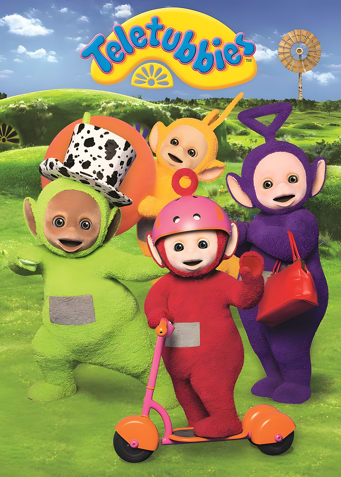 Teletubbies characters on a grassy hill