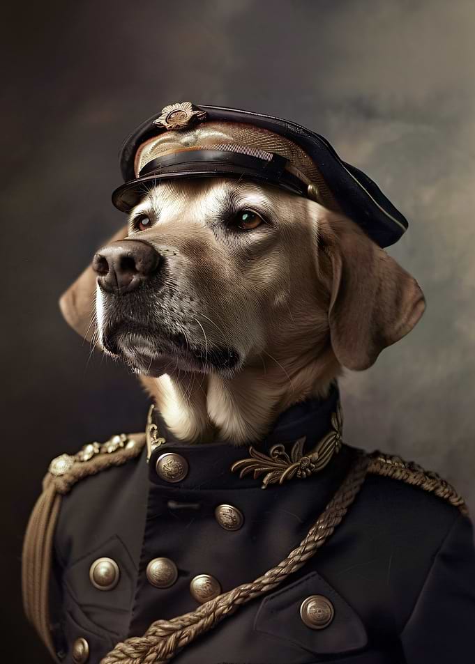 Dog in military uniform and hat