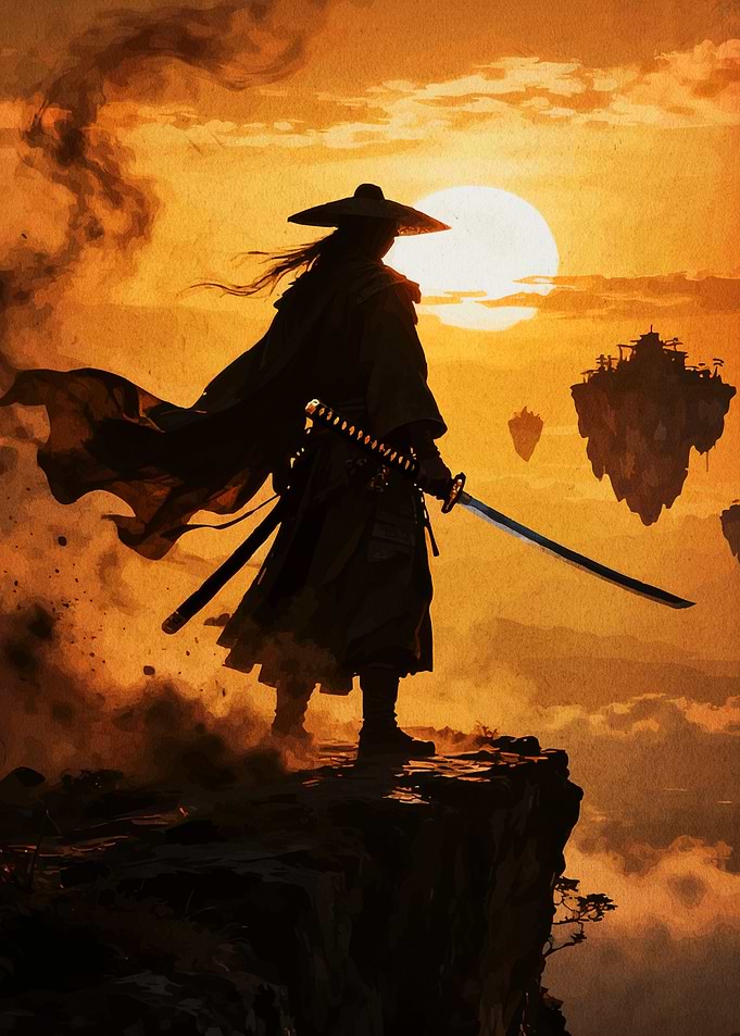 Samurai on Cliff at Sunset
