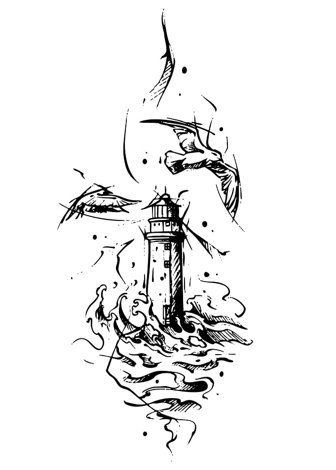 Lighthouse in Stormy Seas with Seagulls