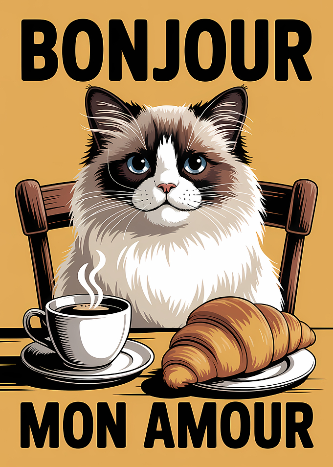 Bonjour Mon Amour Cat with Coffee and Croissant