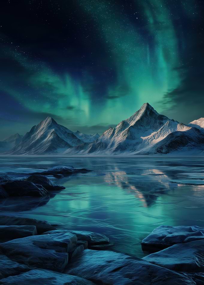 Aurora Borealis Over Snowy Mountains
