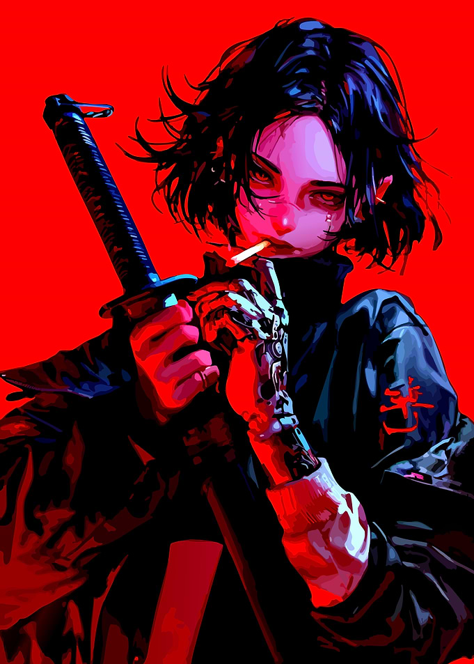 Cyberpunk Samurai Lighting Cigarette