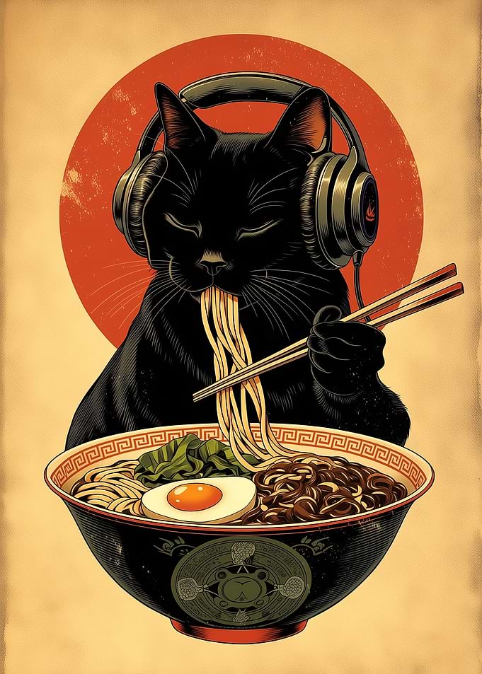 Black Cat Eating Ramen with Headphones
