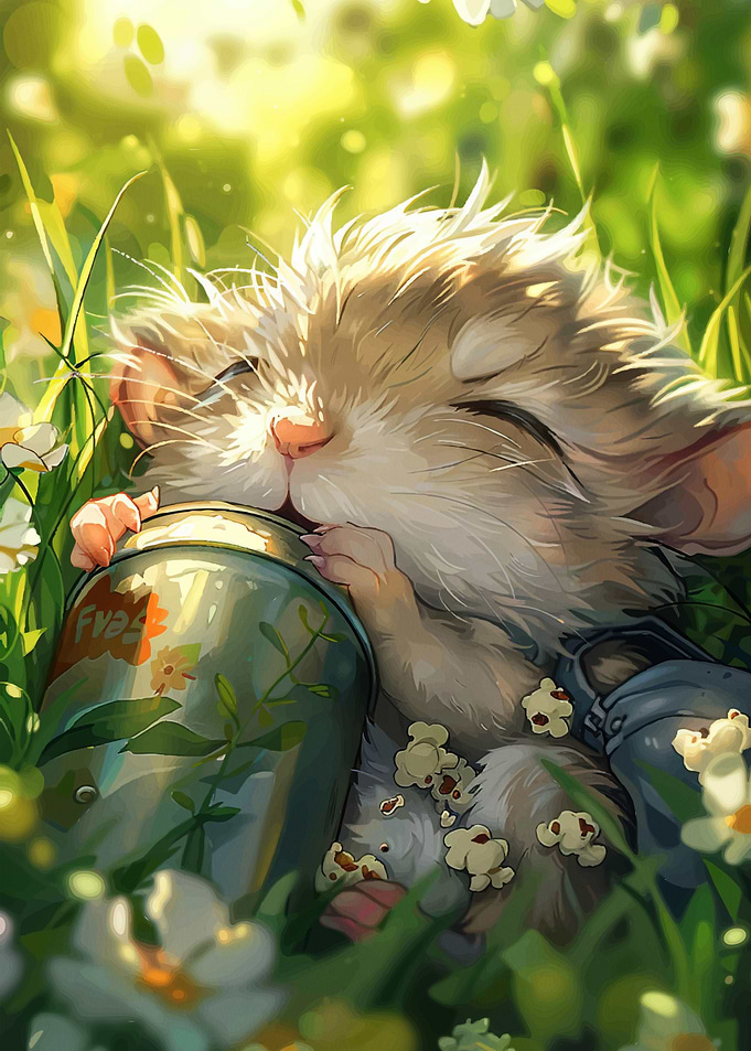 Cute Hamster Sleeping in Grass with Popcorn