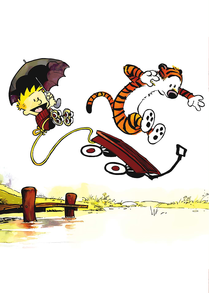 Calvin and Hobbes flying with wagon