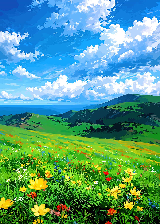 Vibrant Meadow Under a Cloudy Sky
