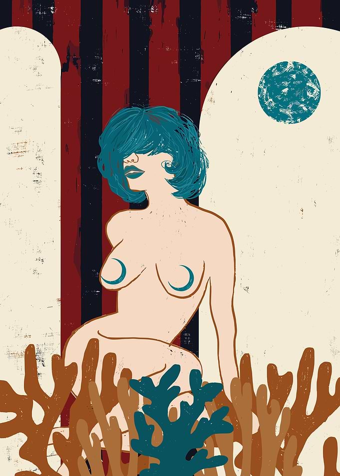 Woman with blue hair and coral