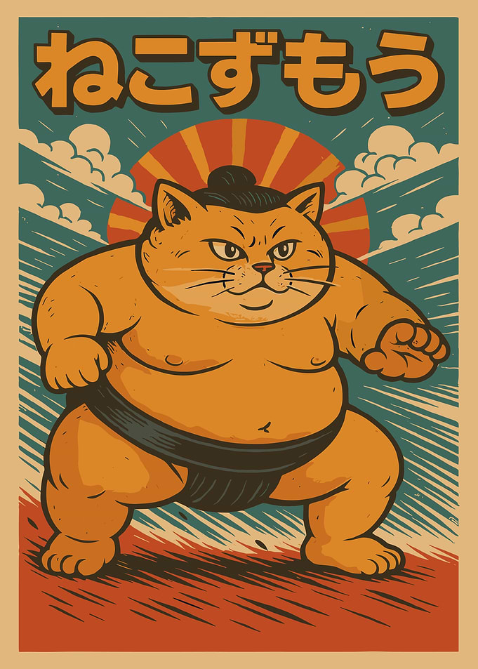 Sumo Cat Poster, Vintage Japanese Cat Print, Retro Martial Arts Wall Art Illustration