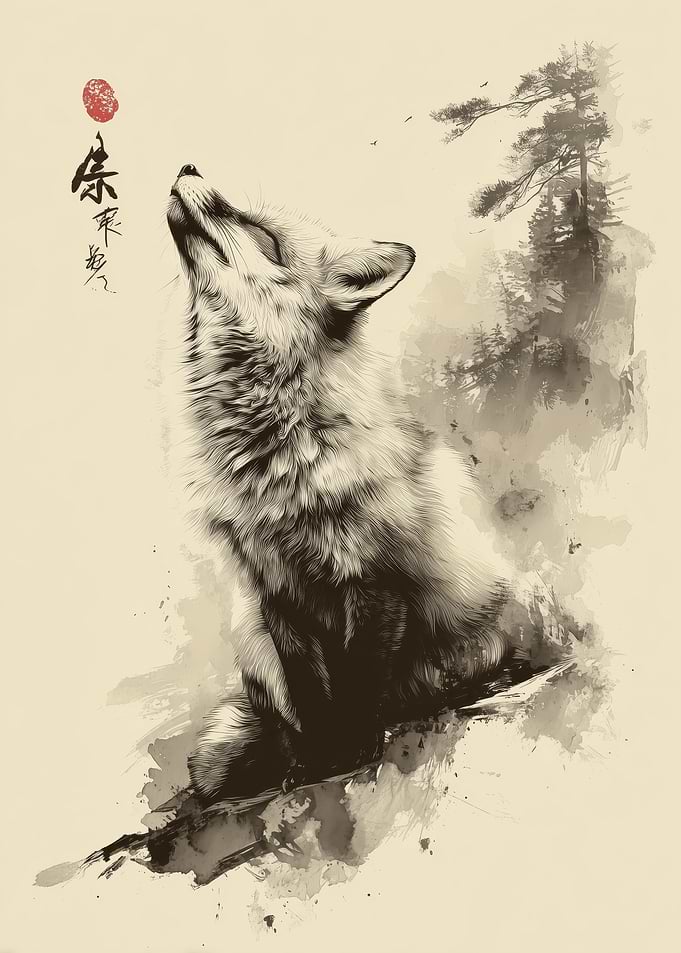 Red Fox Sumi E Style