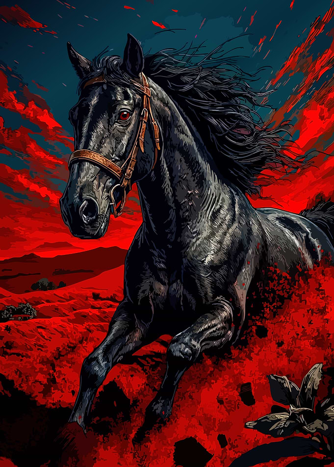 Black Horse Running Through Red Landscape