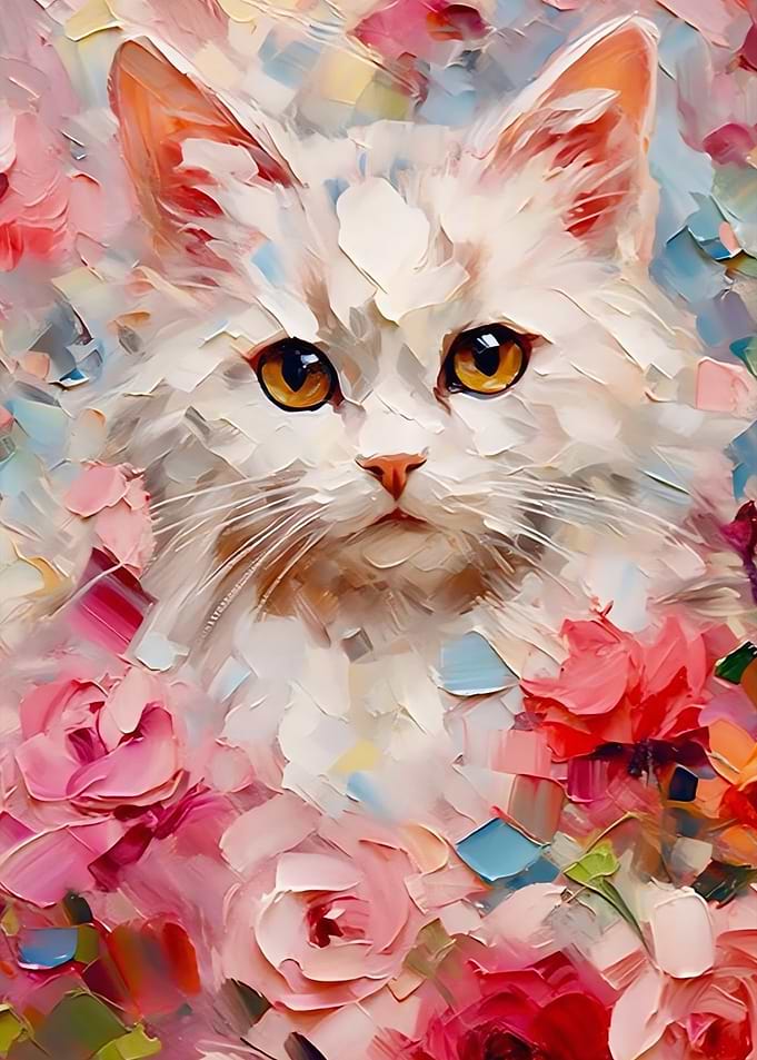 White Cat Among Flowers