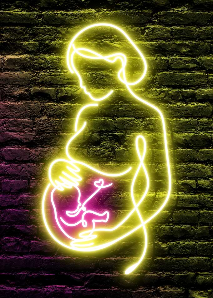 Neon Golden Loving Mom Gender Reveal Pregnant Woman with a Pink Female Baby Girl on dark brick wall background
