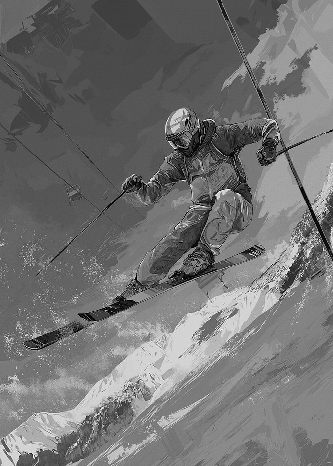 Skier in mid-air over snowy mountains